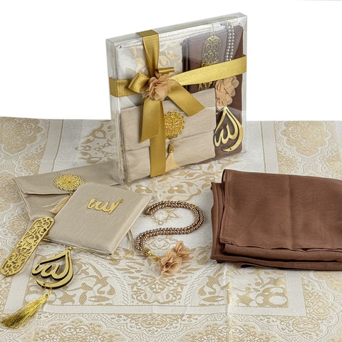 Prayer Rug and Prayer Accessories Set, Islamic Gift Set for Muslim - Cream