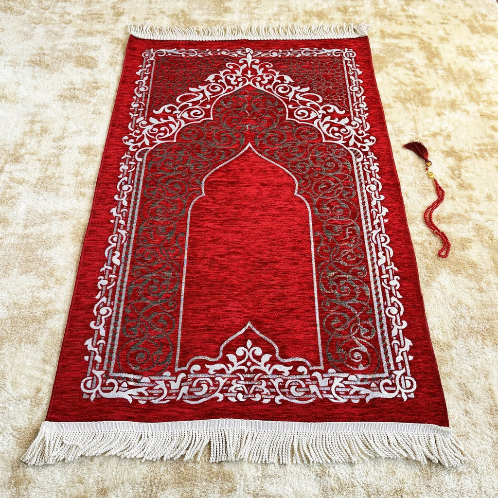 Prayer Rug, Prayer Beads Set, Islamic Gift for Muslim - Red