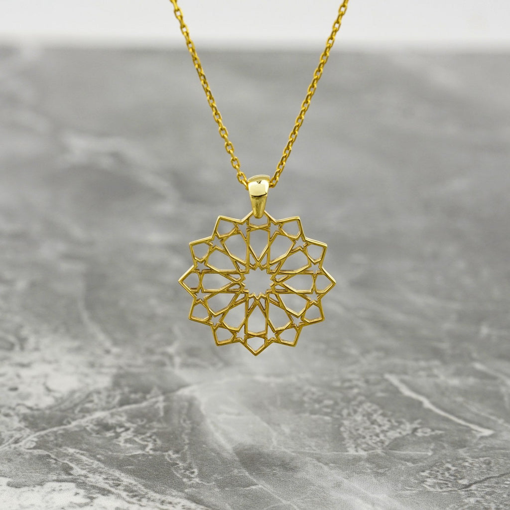 Islamic Geometric Pattern Muslim Jewelry, 18K Gold Plated Silver Pendant