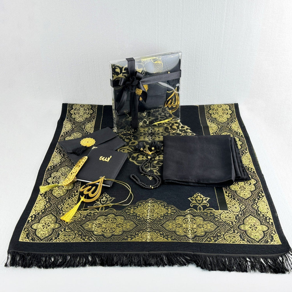 Prayer Rug and Prayer Accessories Set, Islamic Gift Set for Muslim - Black